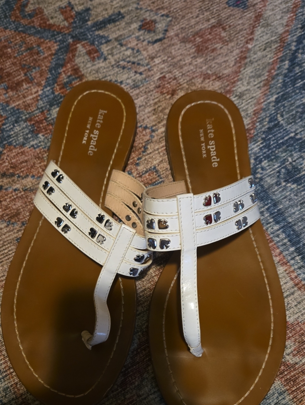 kate spade White and Tan Leather T-strap Studded Sandals